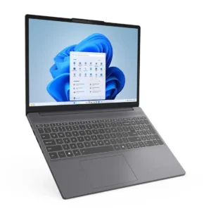 Angled front view of Lenovo IdeaPad Slim 3 laptop in Luna Grey, model 83K100F1ED