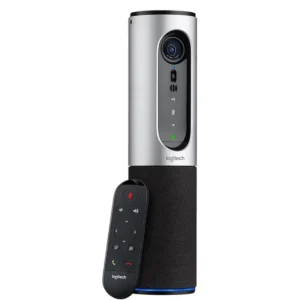 Logitech ConferenceCam Connect front and side view with remote control included